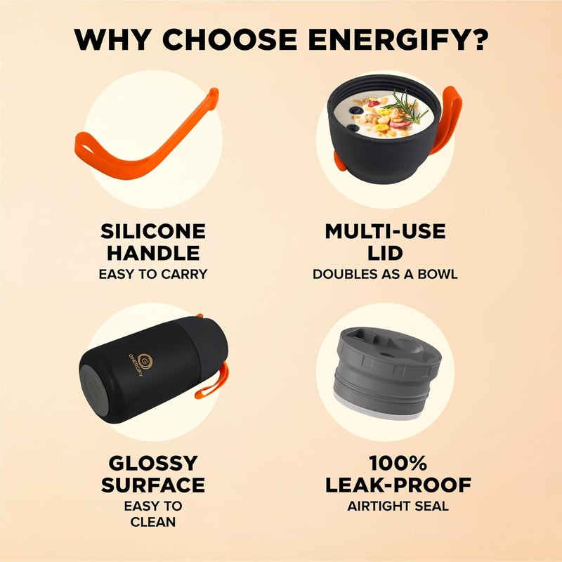 ENERGIFY Vacuum Insulated Food Jar. Large 24oz Bowl incl. Folding Spoon, Cup. Wide Mouth Keep Hot & Cold Drinks Soup Lunch Container for Adults. BPA-Free Stainless Steel, Leak Proof Black Matte - Image 5